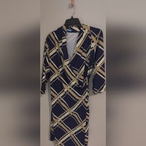 J McLaughlin Navy and Tan Rope Pattern Faux Wrap Dress Sz XL